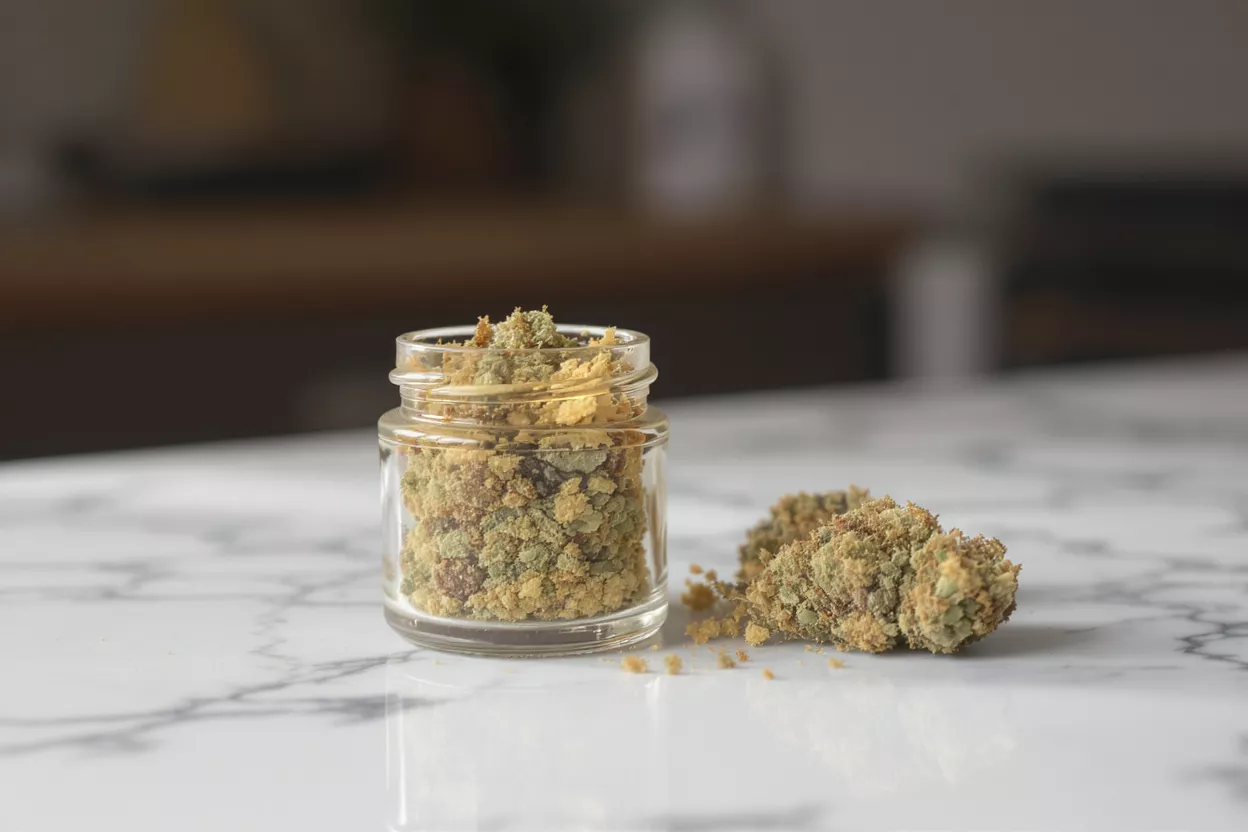 A glass jar filled with kief and a cannabis bud on a marble surface.