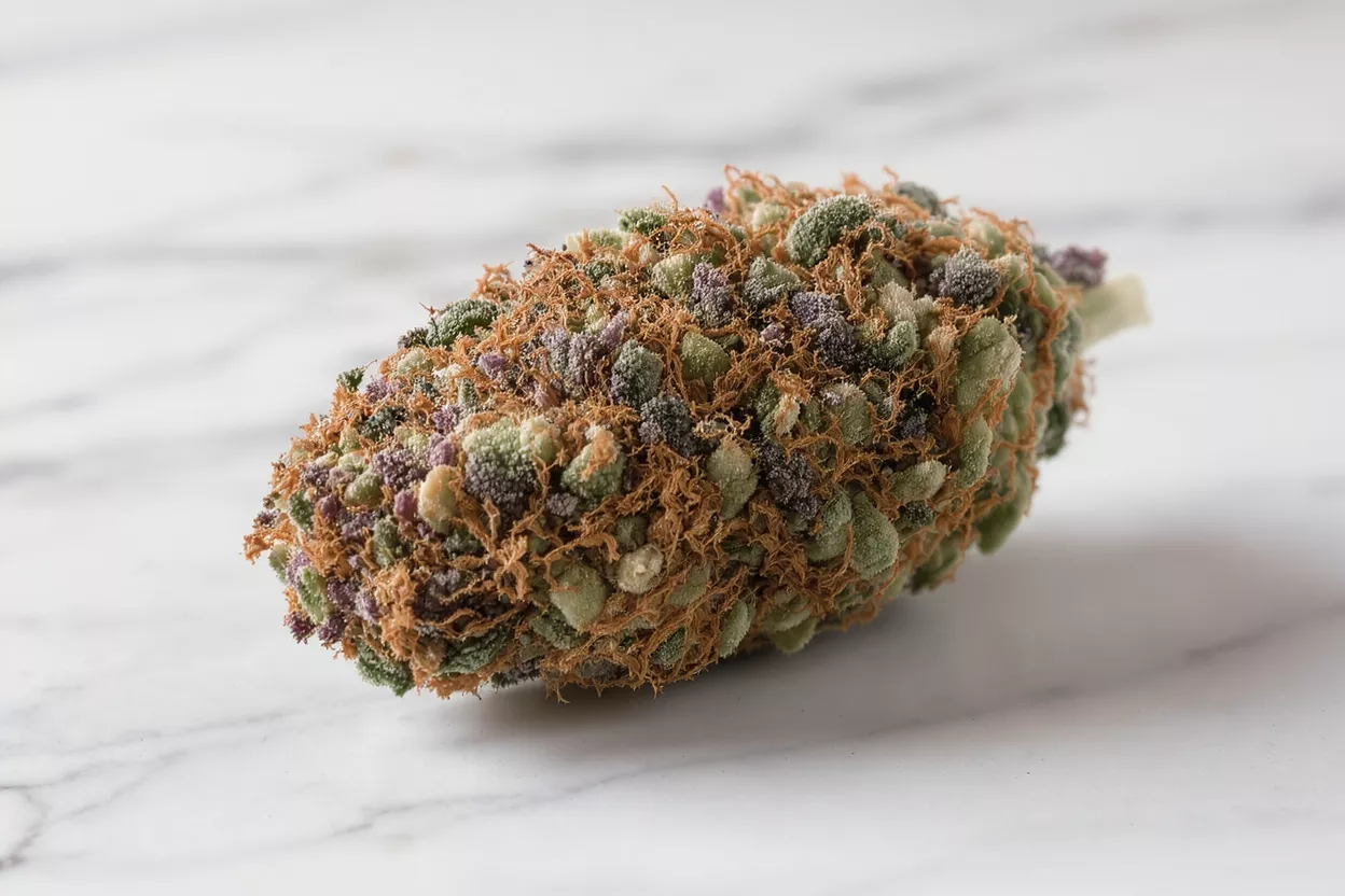Close-up of a vibrant cannabis bud with purple, green, and orange hues.