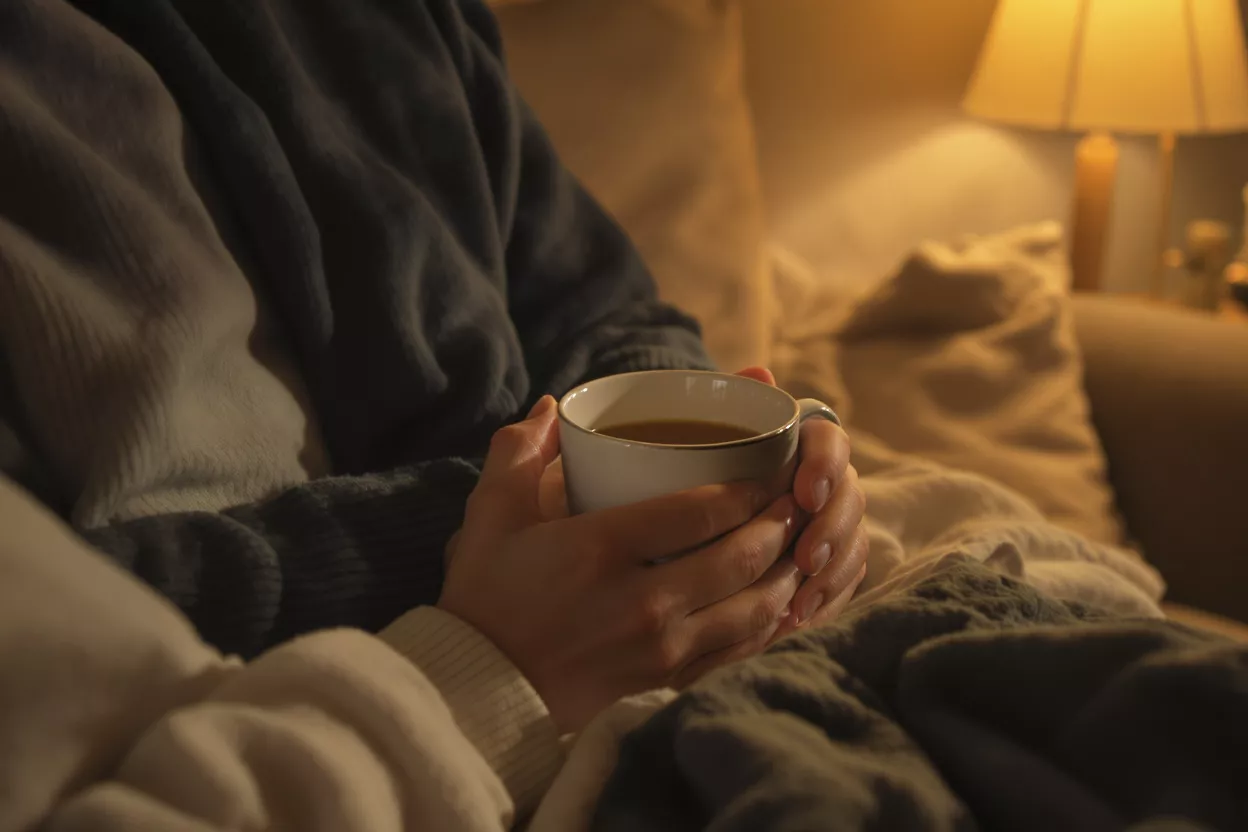 Hands holding a warm mug of coffee in a dimly lit, cozy setting.