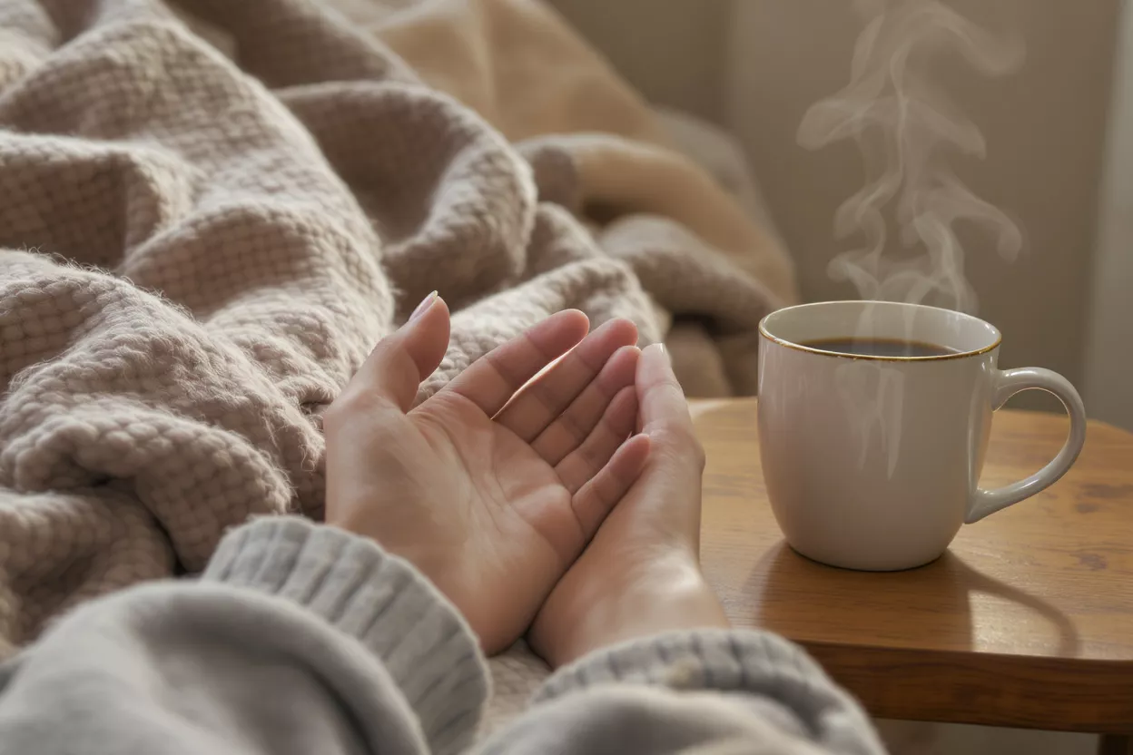Hands cupped around a steaming coffee mug on a wooden table with blankets.
