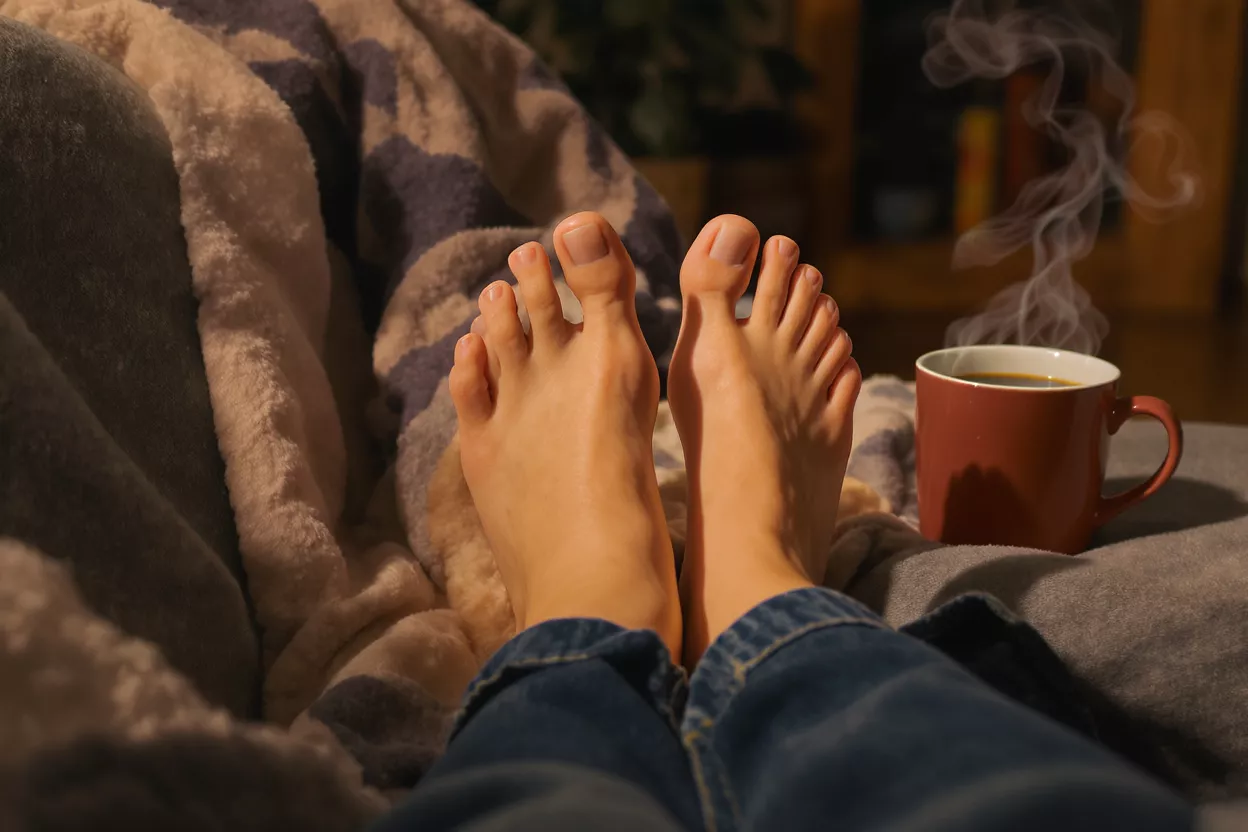 Person's bare feet resting on a blanket next to a steaming cup of coffee.