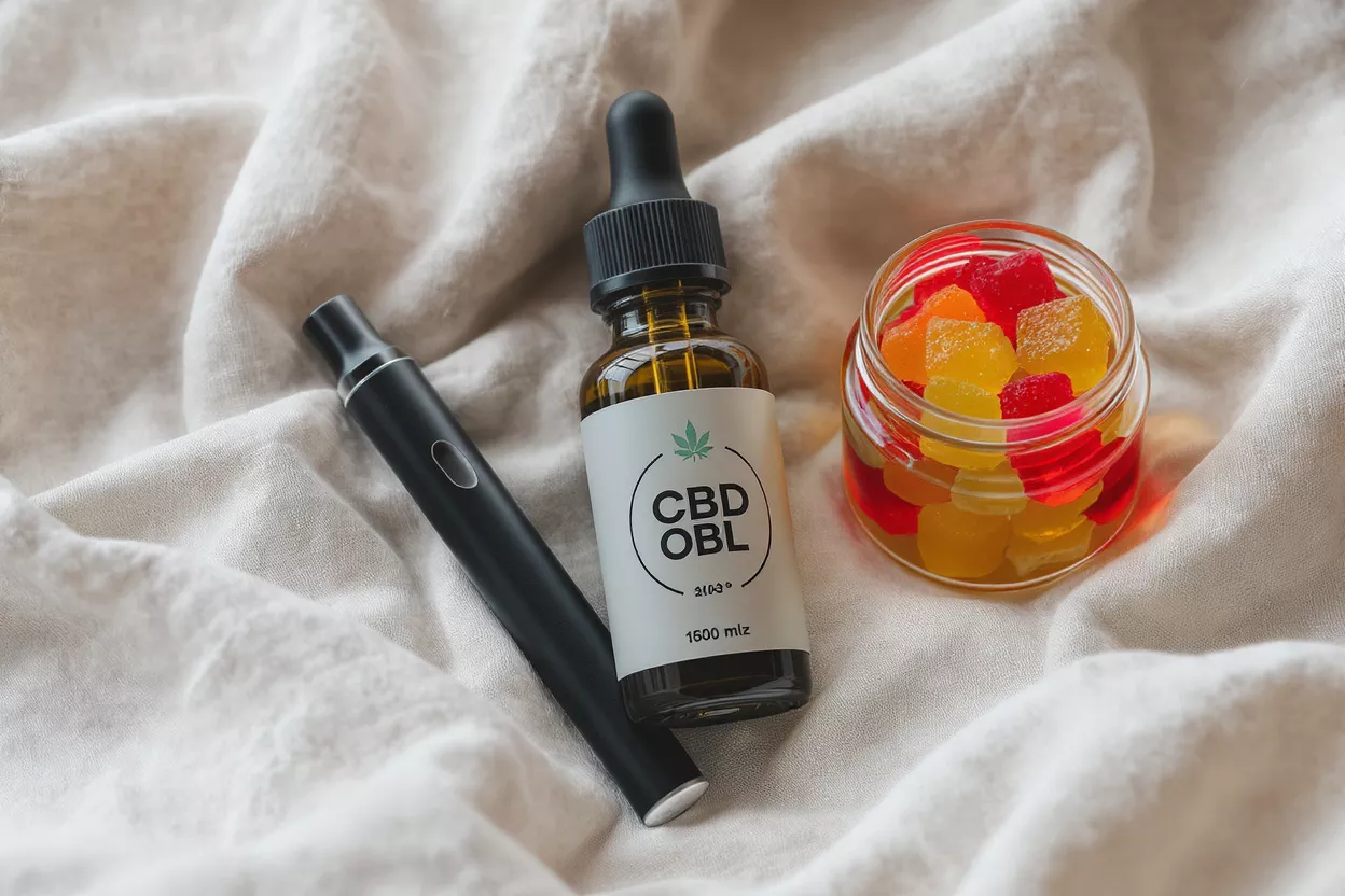 CBD oil bottle, vape pen, and colorful gummies on a light fabric.