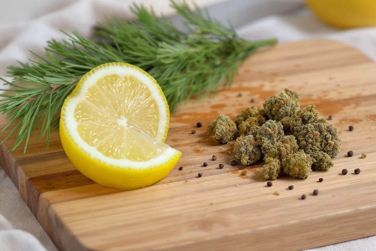 Cannabis buds, lemon, pine needles, and peppercorns on a wooden cutting board.