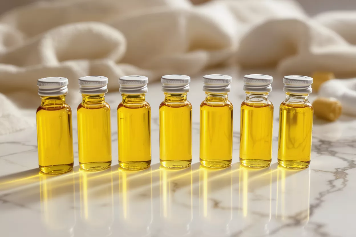 Seven small glass vials filled with golden essential oil on a marble surface.