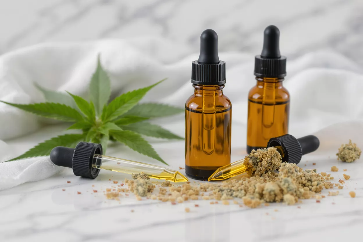 Two amber CBD oil bottles, droppers, and cannabis leaf on marble surface.