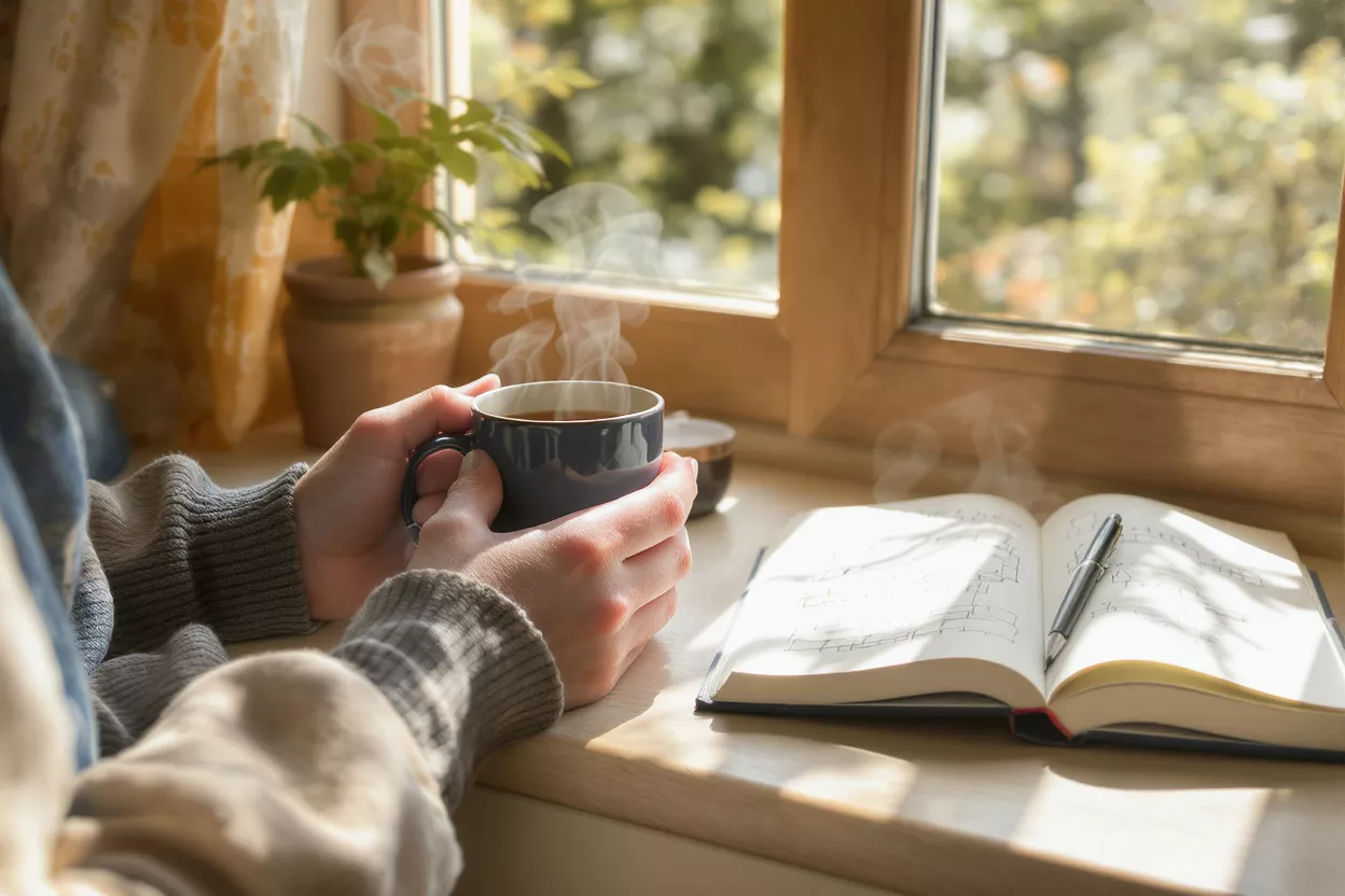 Hands holding a steaming mug by a window with a journal and pen.
