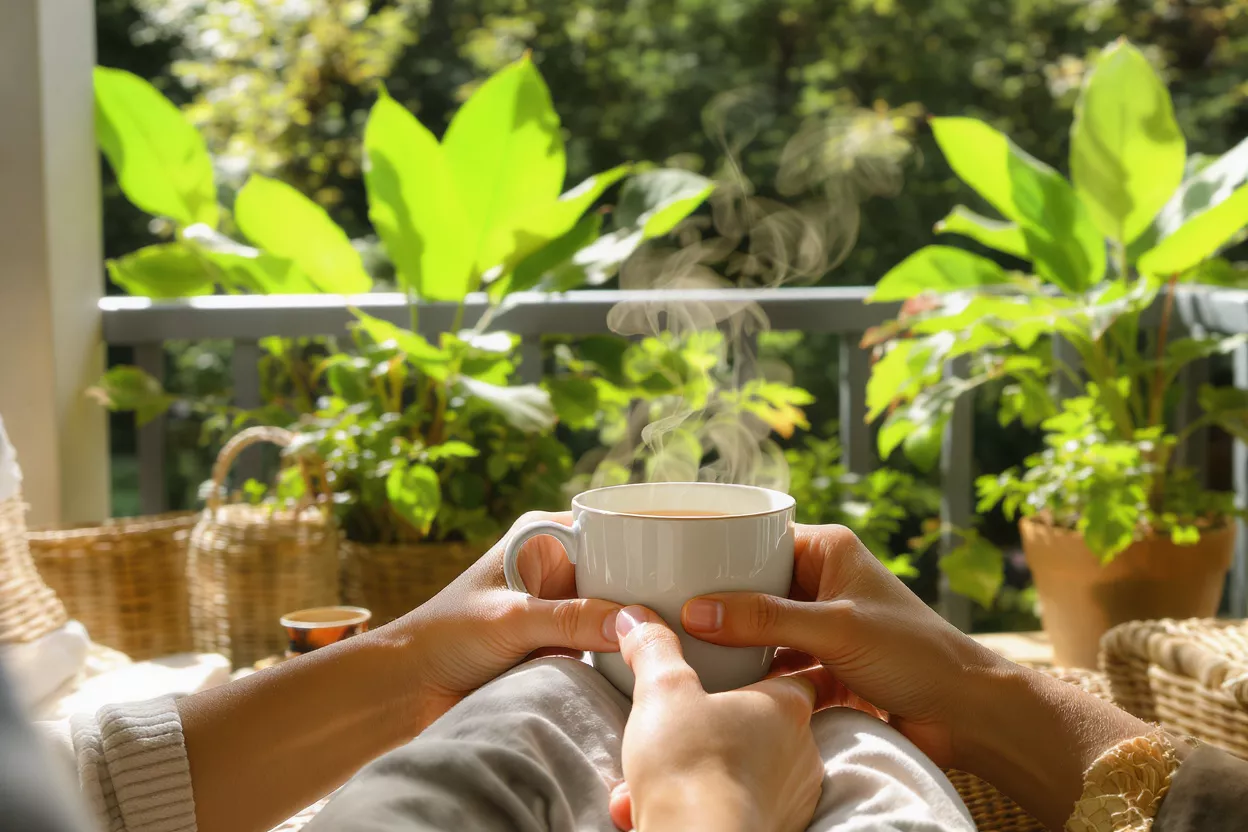 Hands holding a steaming white coffee cup on a balcony with lush green plants.