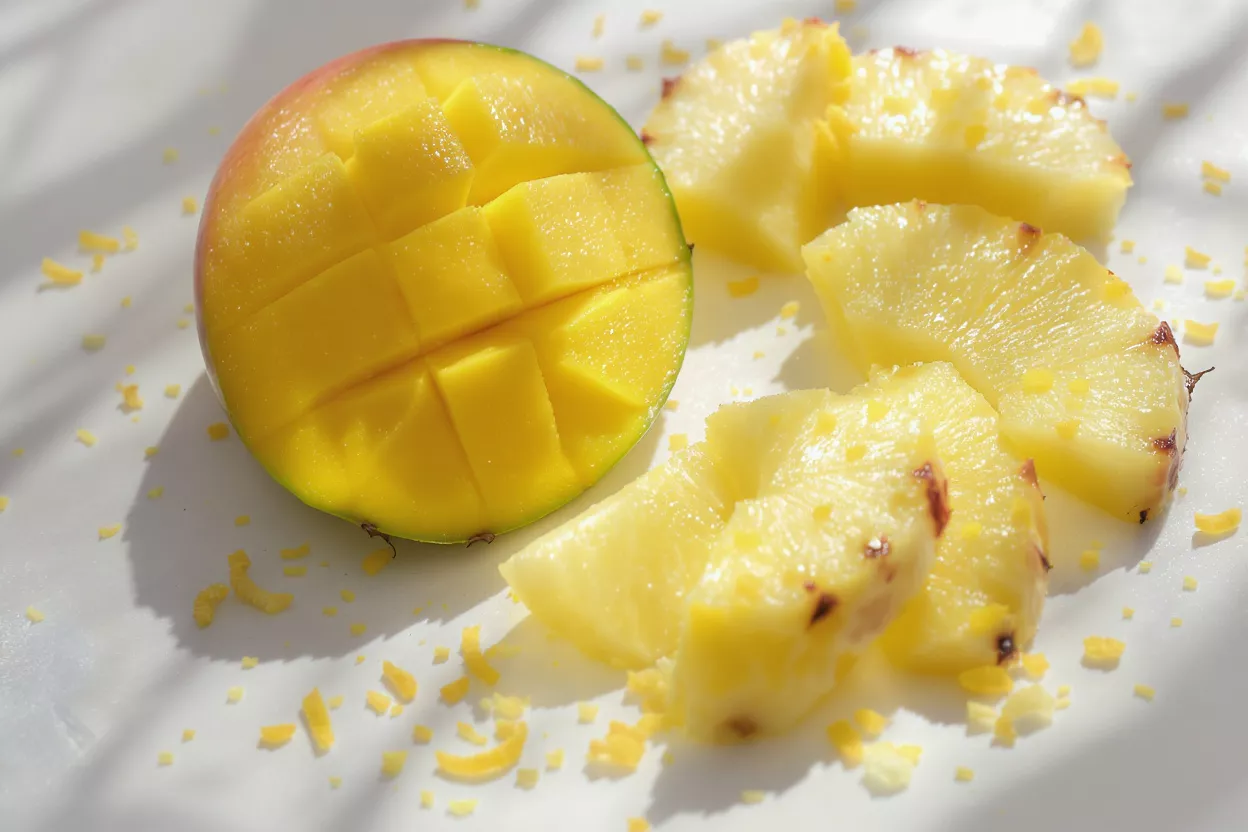 Close-up of a sliced mango and pineapple chunks on a white surface.