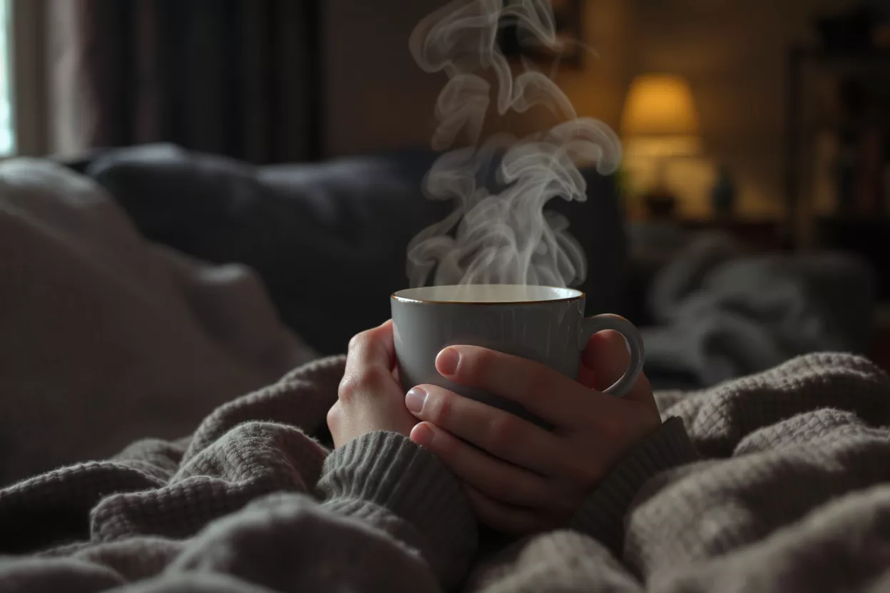Hands holding a steaming mug in a cozy, dimly lit room with a blanket.