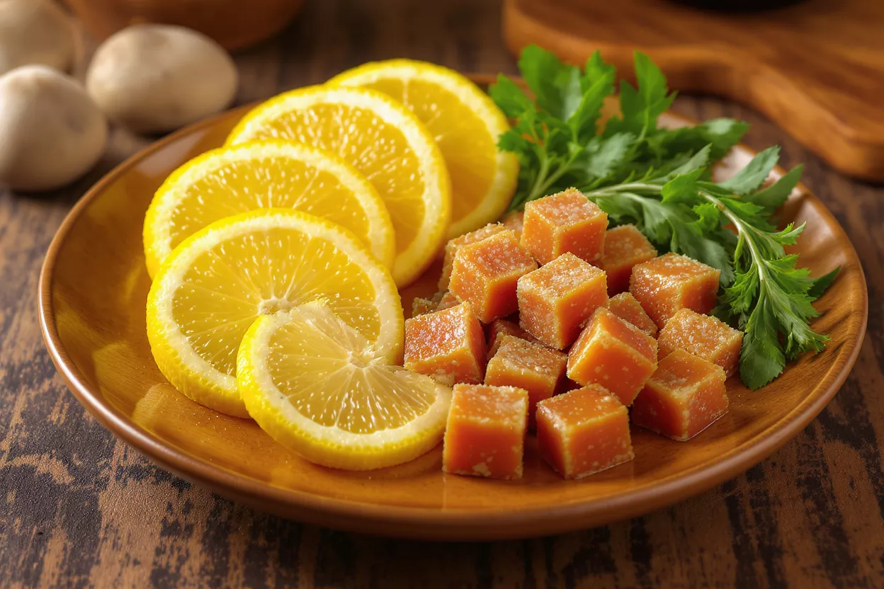 A wooden plate with candied fruit cubes, lemon slices, and green garnish.