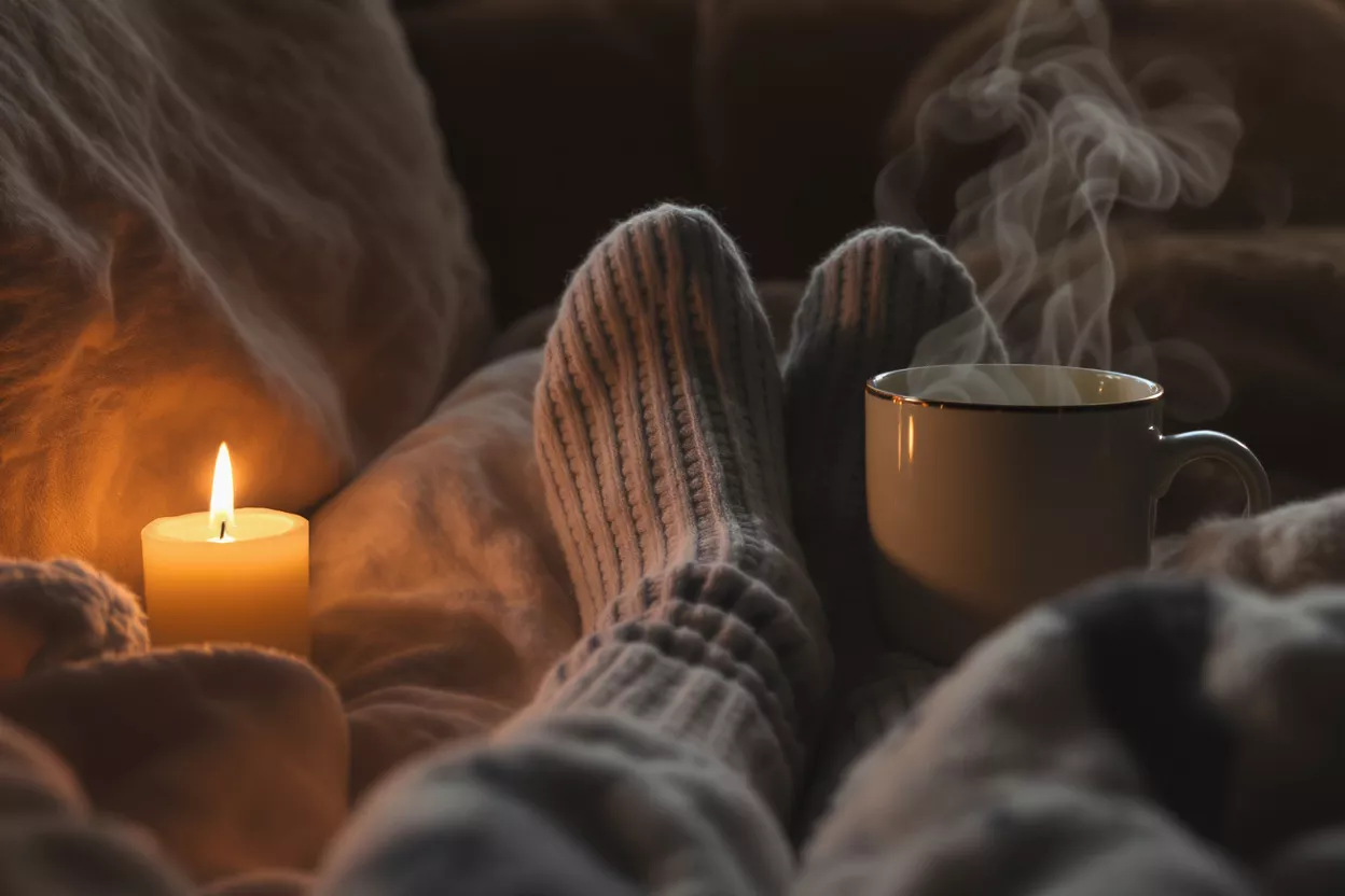 Feet in knitted socks, steaming coffee mug, and lit candle in a cozy setting.