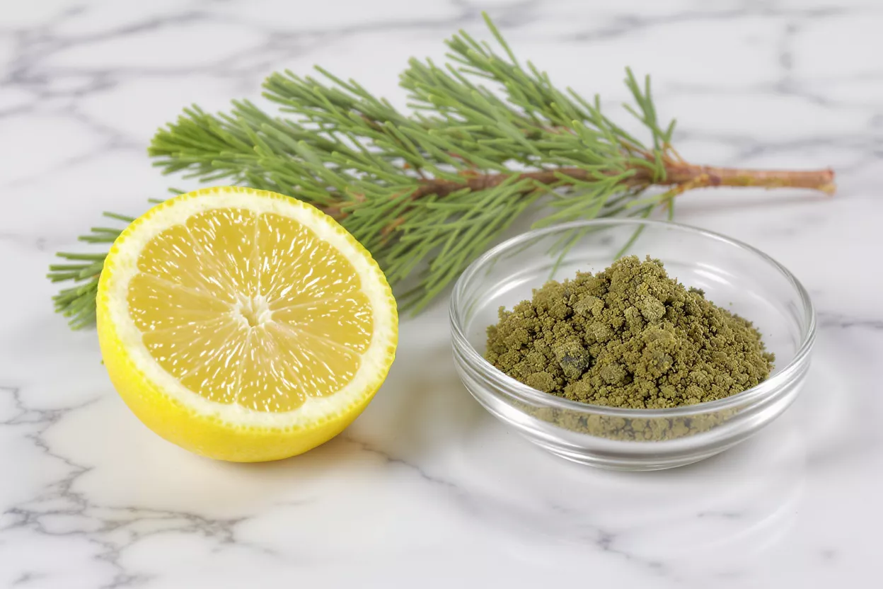 Half a lemon, a pine branch, and a bowl of green herbal powder.