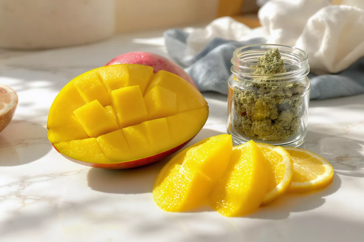 Sliced mango, lemon, and a jar of green herbal blend on a marble surface.