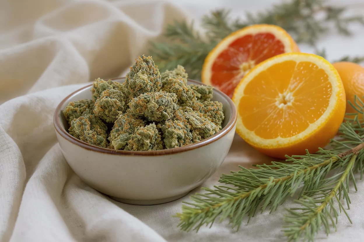 Cogollos de cannabis con cítricos y pino Cuenco con cogollos de cannabis, naranja en rodajas, pomelo y ramas de pino.