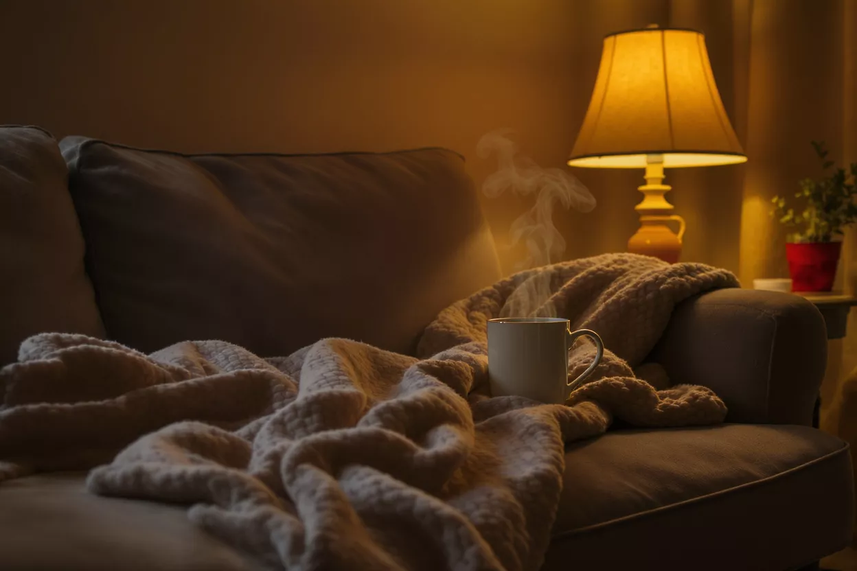 Steaming mug on a blanket-draped couch with a warm lamp light.