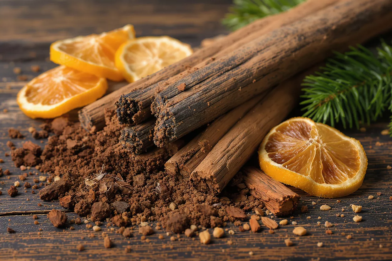 Bâtons de cannelle, oranges séchées et cacao Bâtons de cannelle, tranches d'orange séchées, poudre de cacao et aiguilles de pin sur une surface en bois.