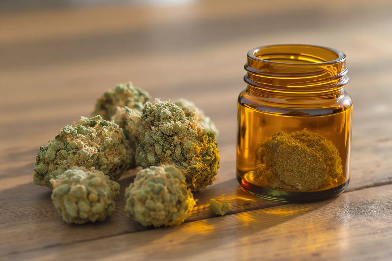 Close-up of cannabis buds and a jar of kief on a wooden surface.