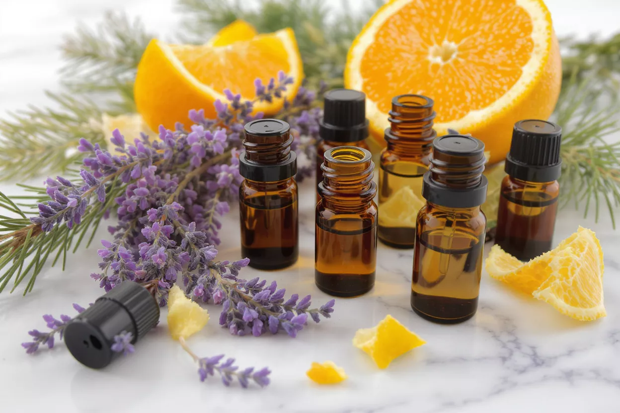 Amber essential oil bottles with lavender, orange slices, and pine needles on marble.