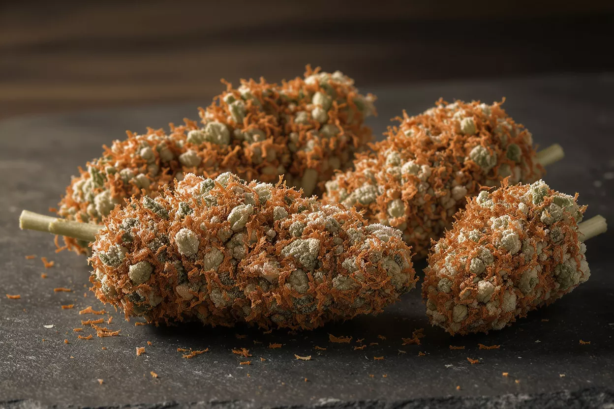 Bourgeons de cannabis recouverts de kief Gros plan sur plusieurs bourgeons de cannabis fortement recouverts de kief orange et de trichomes blancs.