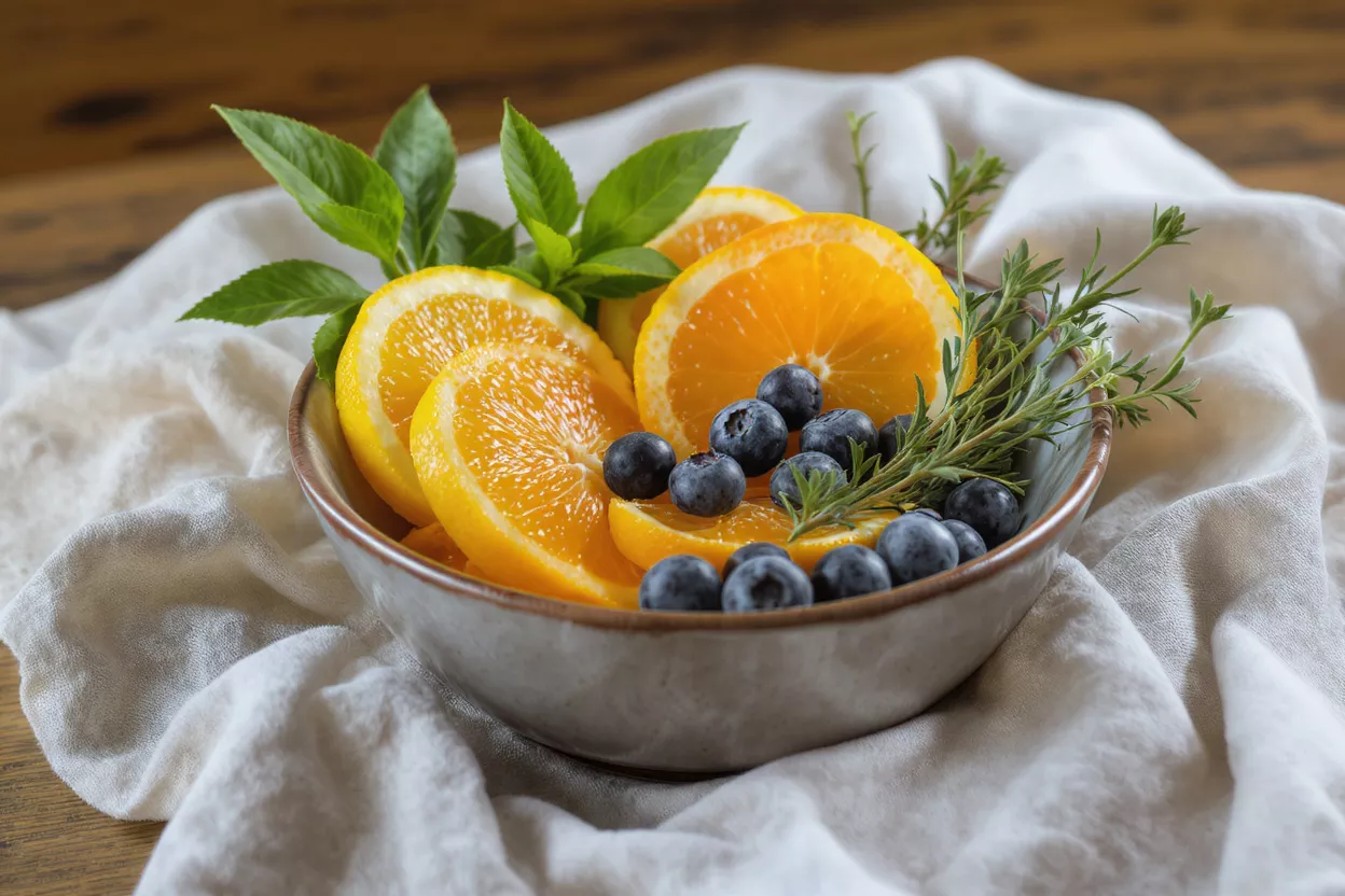 A bowl of sliced oranges and blueberries with green herbs on a white cloth.