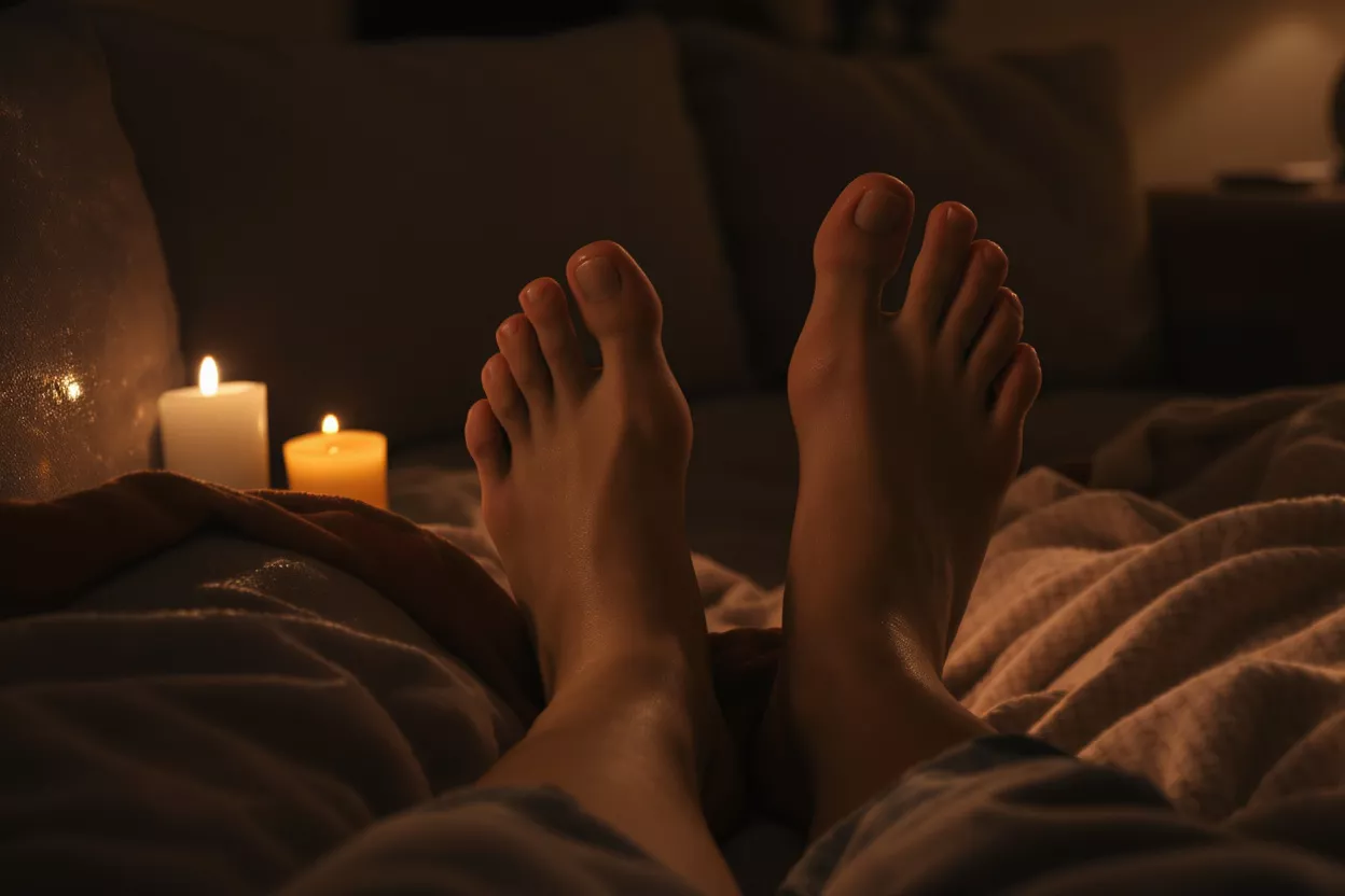 Pieds cosy à la bougie Pieds nus d'une personne posés sur un lit, éclairés par deux bougies vacillantes.