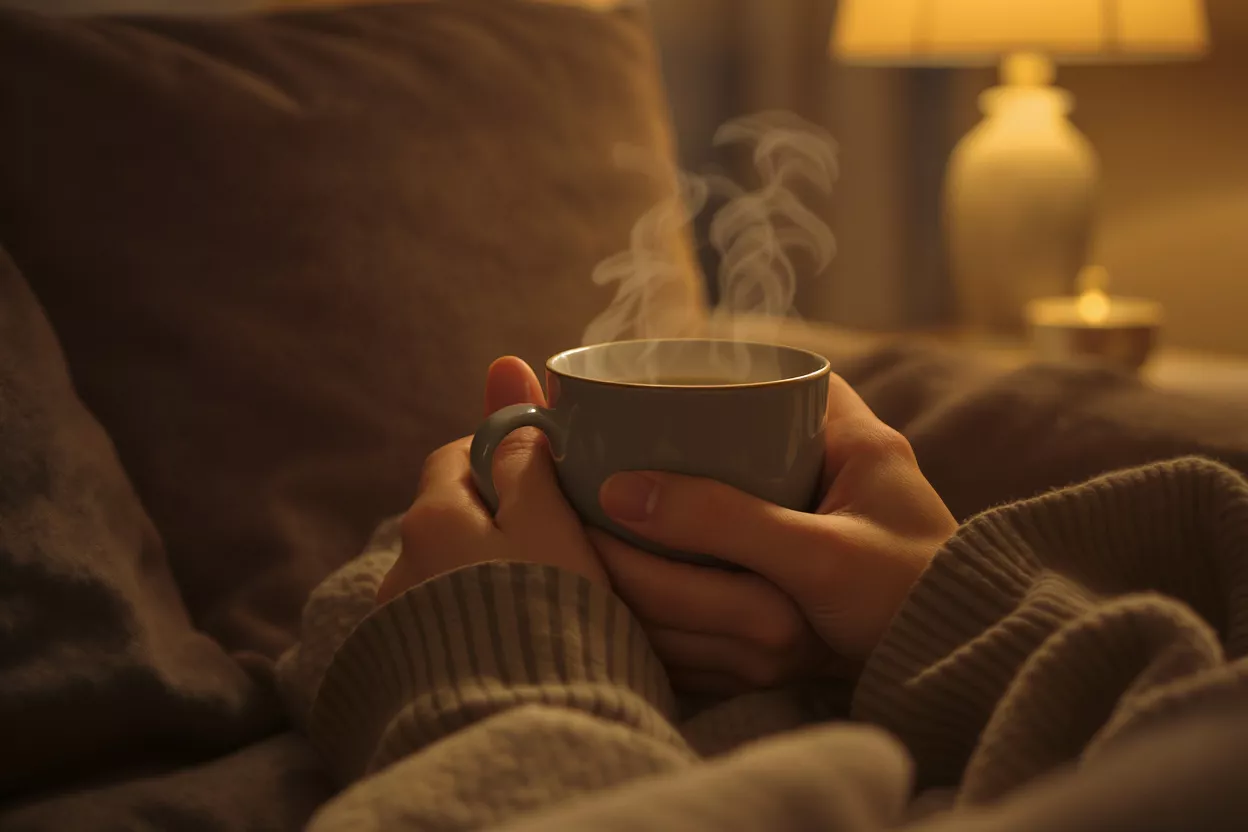 Hands holding a steaming mug in a warm, dimly lit room.
