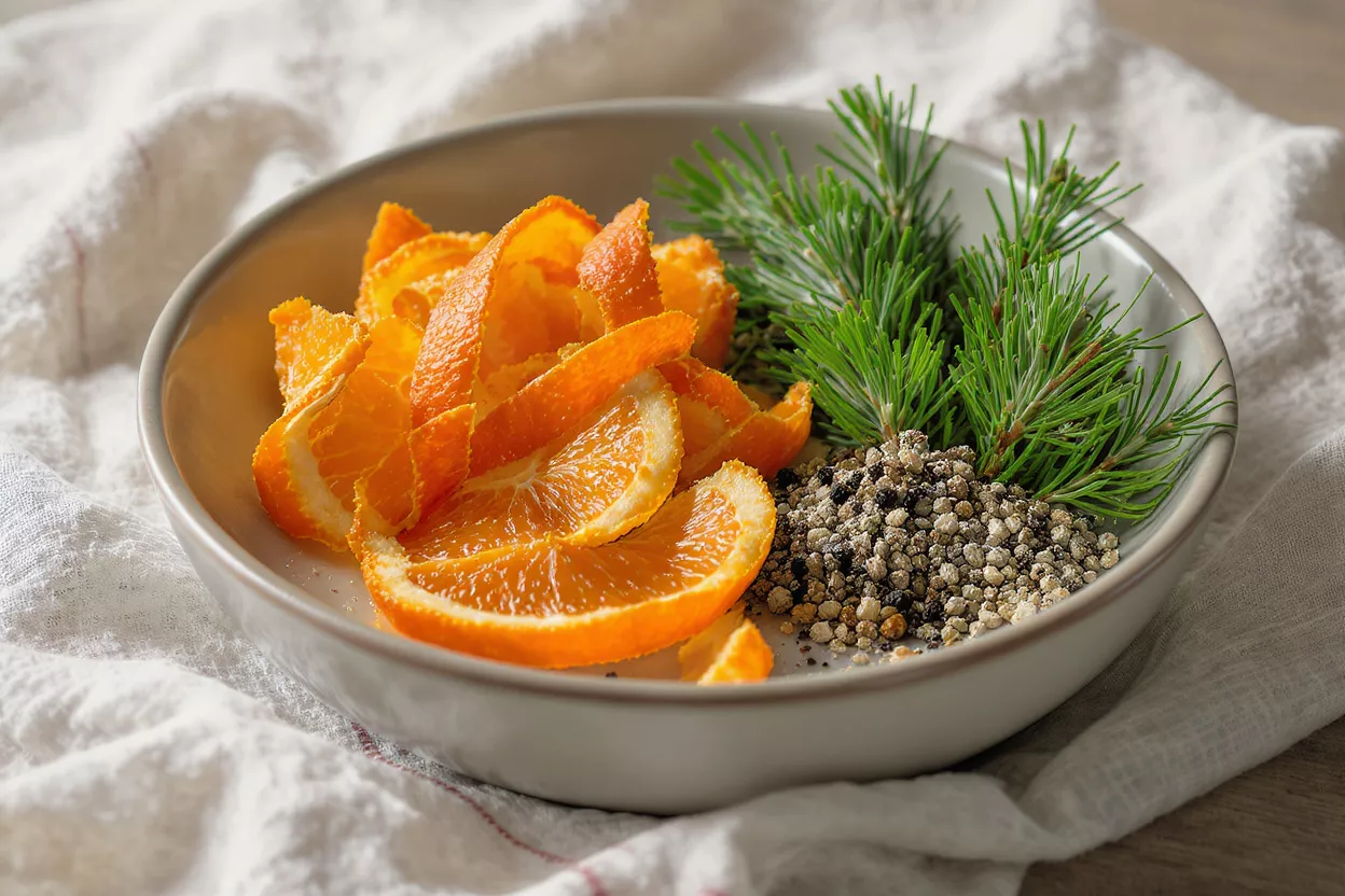 Orange Peels and Pine Needles A bowl with orange peels, pine needles, and small grey pebbles on a white cloth.