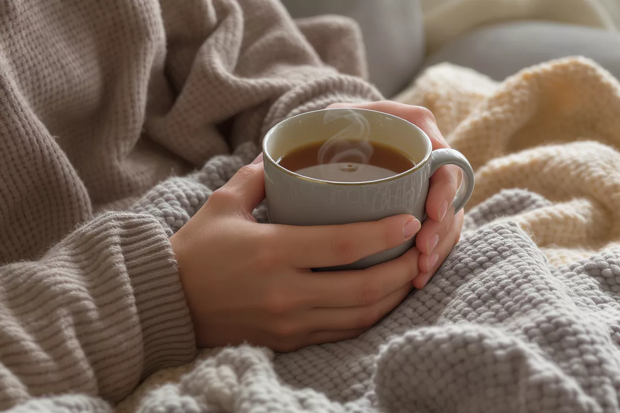 Hands holding a steaming mug of warm drink amidst cozy blankets.