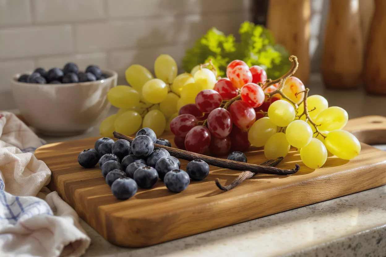 Blueberries, red and green grapes, and vanilla beans on a wooden board.