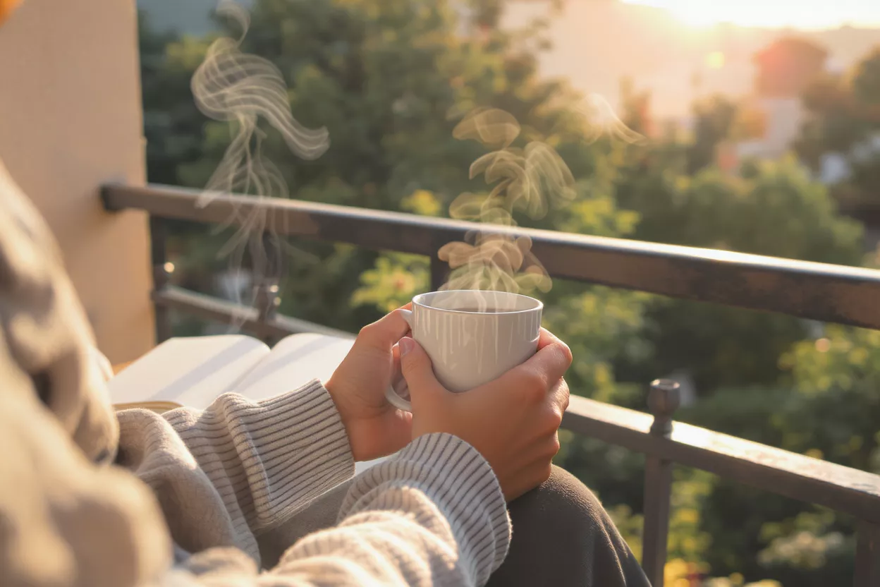 Café de la mañana en el balcón Manos sosteniendo una taza de café humeante en un balcón durante el amanecer, con un libro.