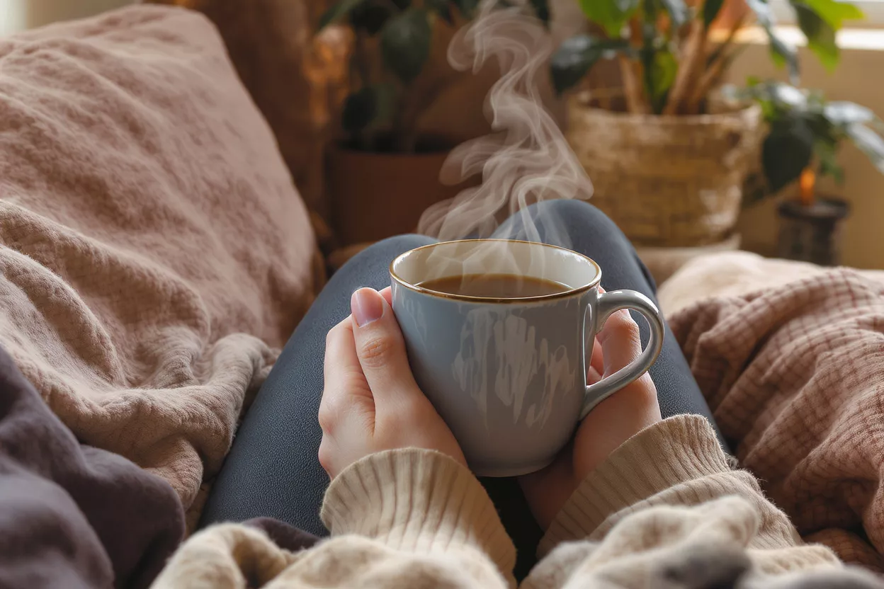 Person holding a steaming mug of coffee, surrounded by blankets and plants.