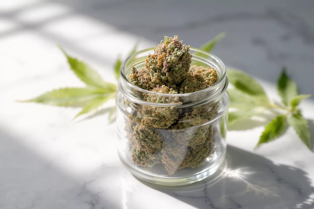 Close-up of cannabis buds in a clear glass jar on a marble surface.