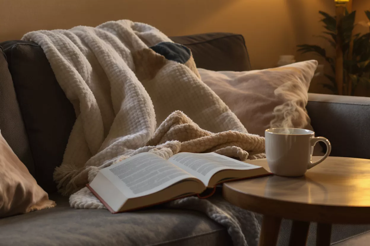 Open book, steaming coffee mug, and blanket on a sofa in warm light.