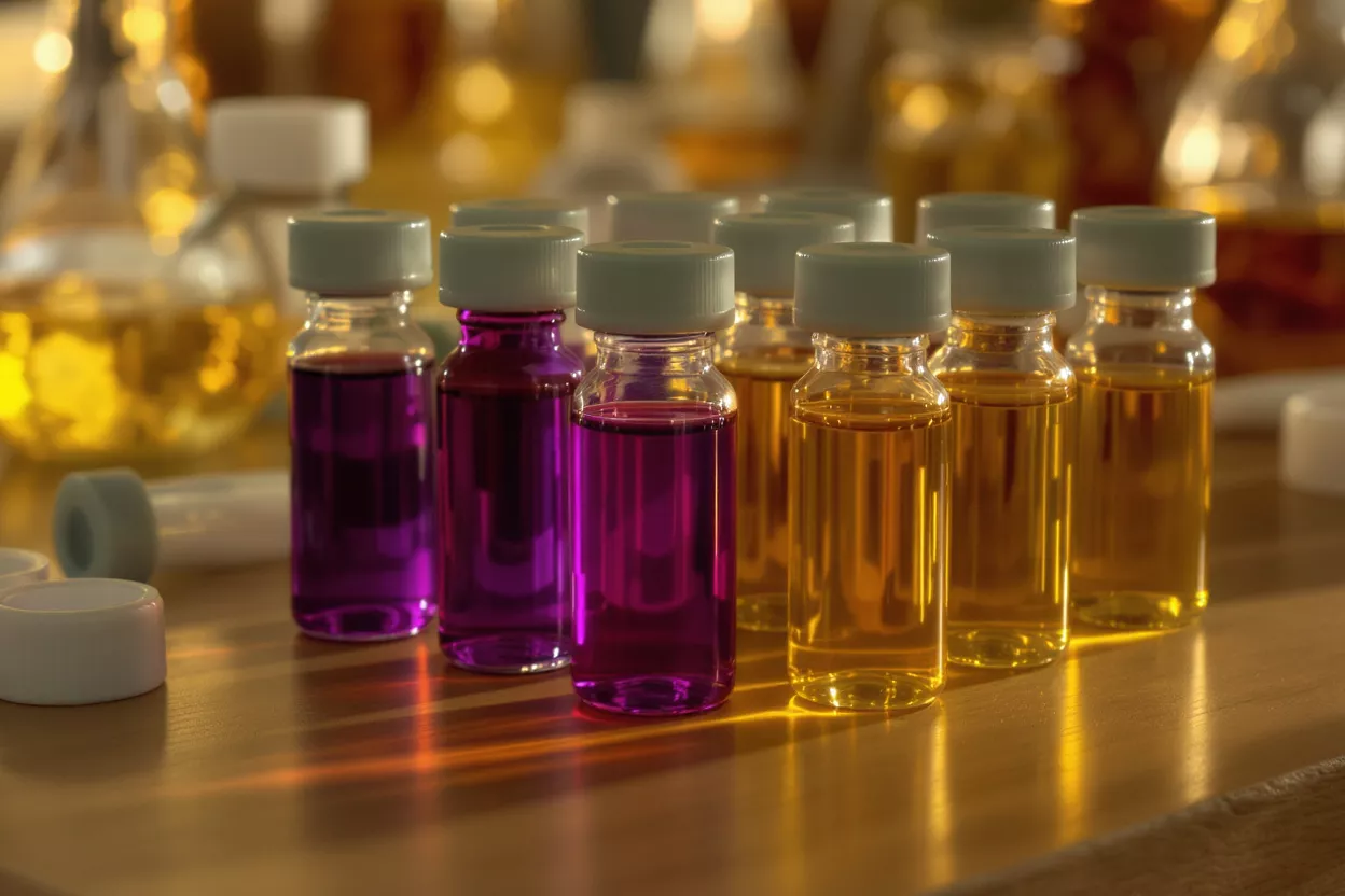 Small glass vials containing vibrant purple and amber liquids on a wooden surface.