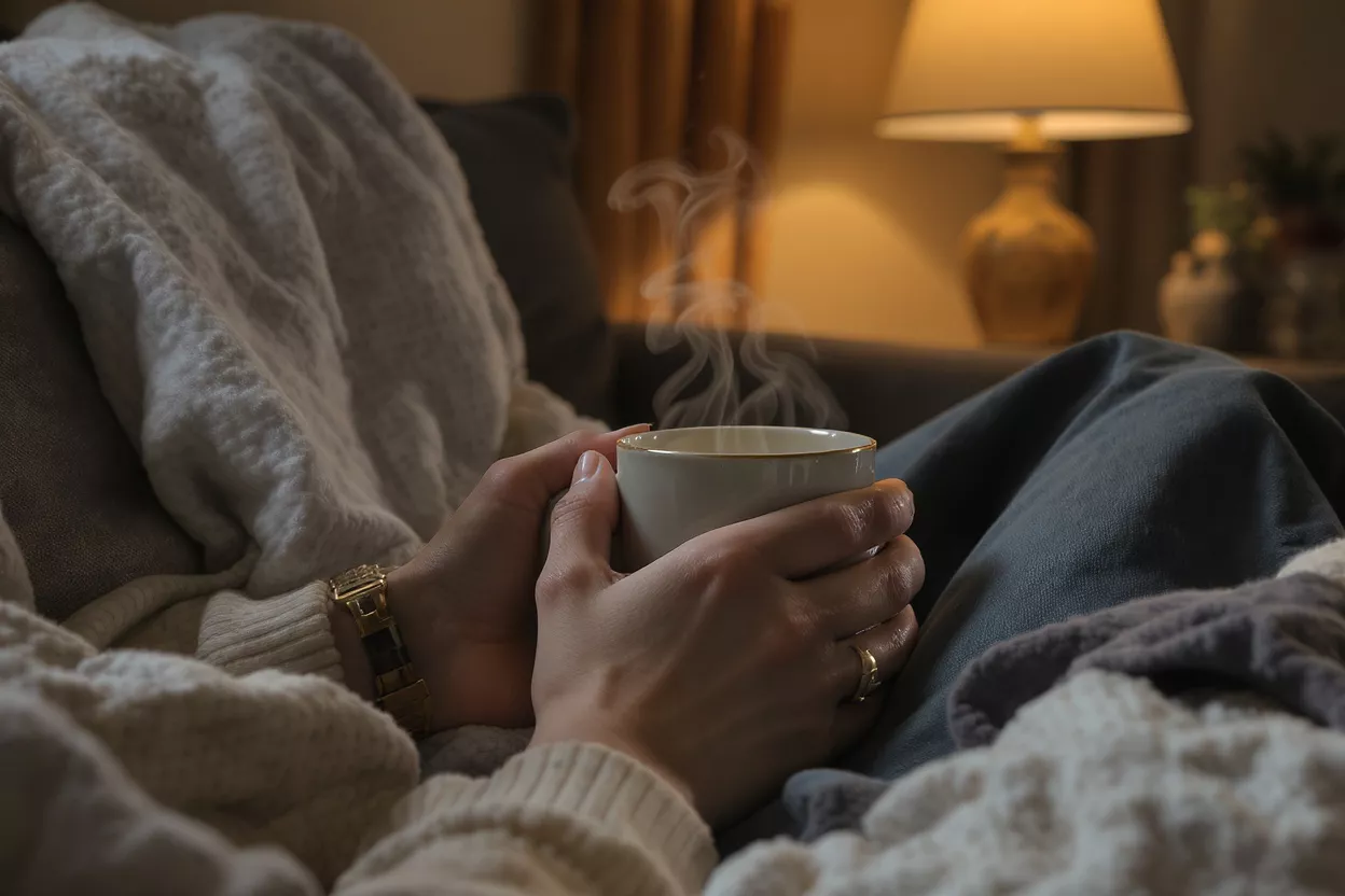 Mains tenant une tasse fumante dans une pièce douillette et faiblement éclairée avec une couverture chaude.