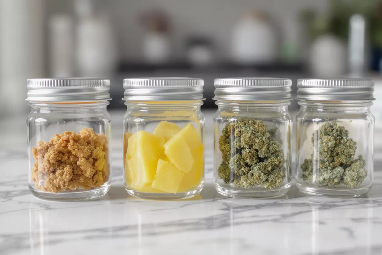 Cannabis Infusion Ingredients Four small jars containing brown sugar, butter, and cannabis flower on a marble surface.