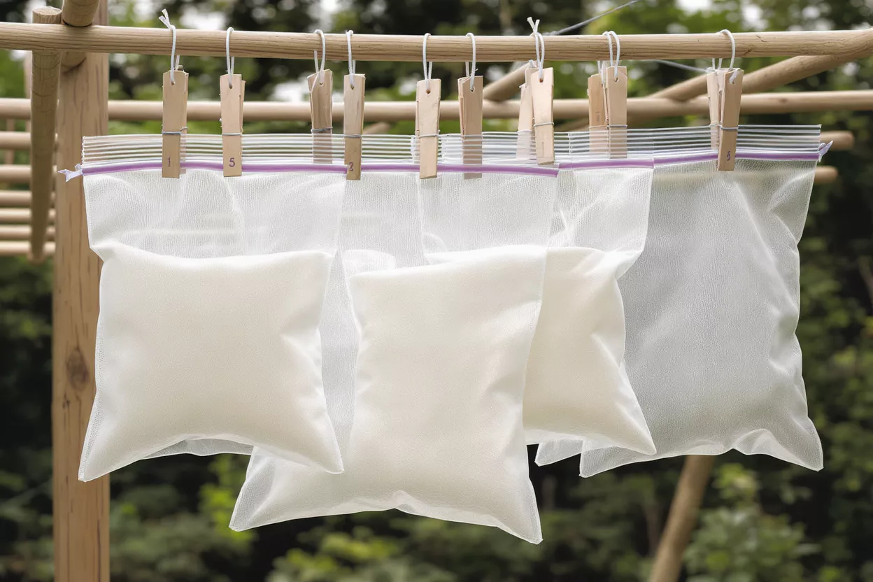 Drying Sachets Outdoors Several white mesh sachets filled with white powder hanging on a wooden rack.