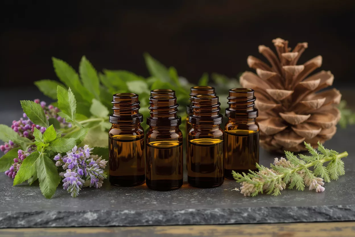 Natural Essential Oils with Herbs Four amber essential oil bottles with various herbs and a pinecone on a slate surface.