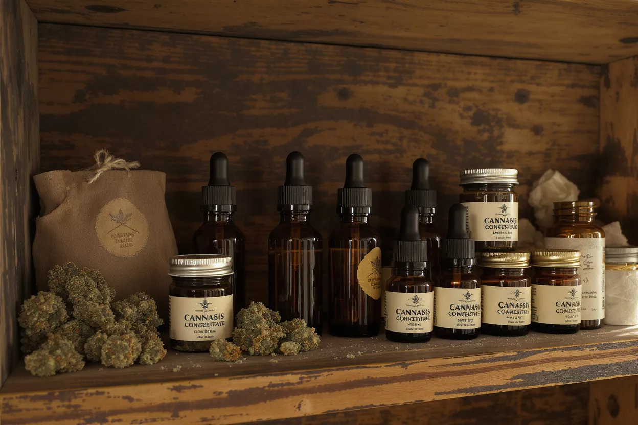 Various cannabis products including flower, oils, and concentrates on a rustic wooden shelf.