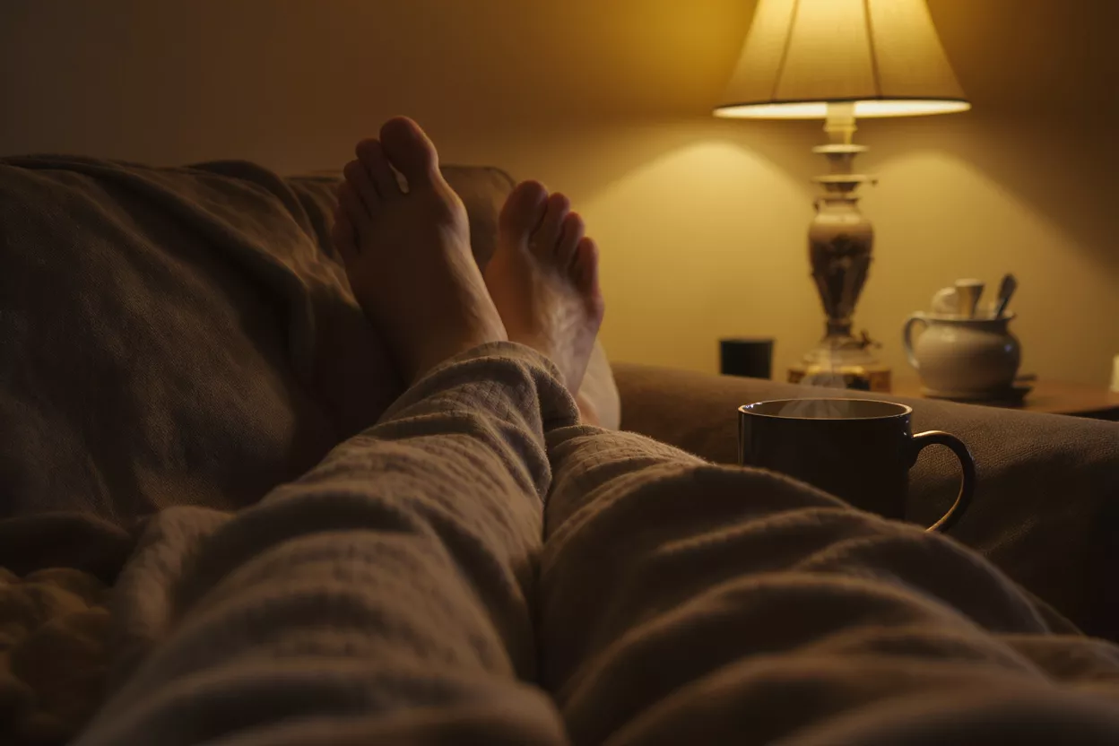 Person's feet up on a couch with a steaming mug and lamp nearby.