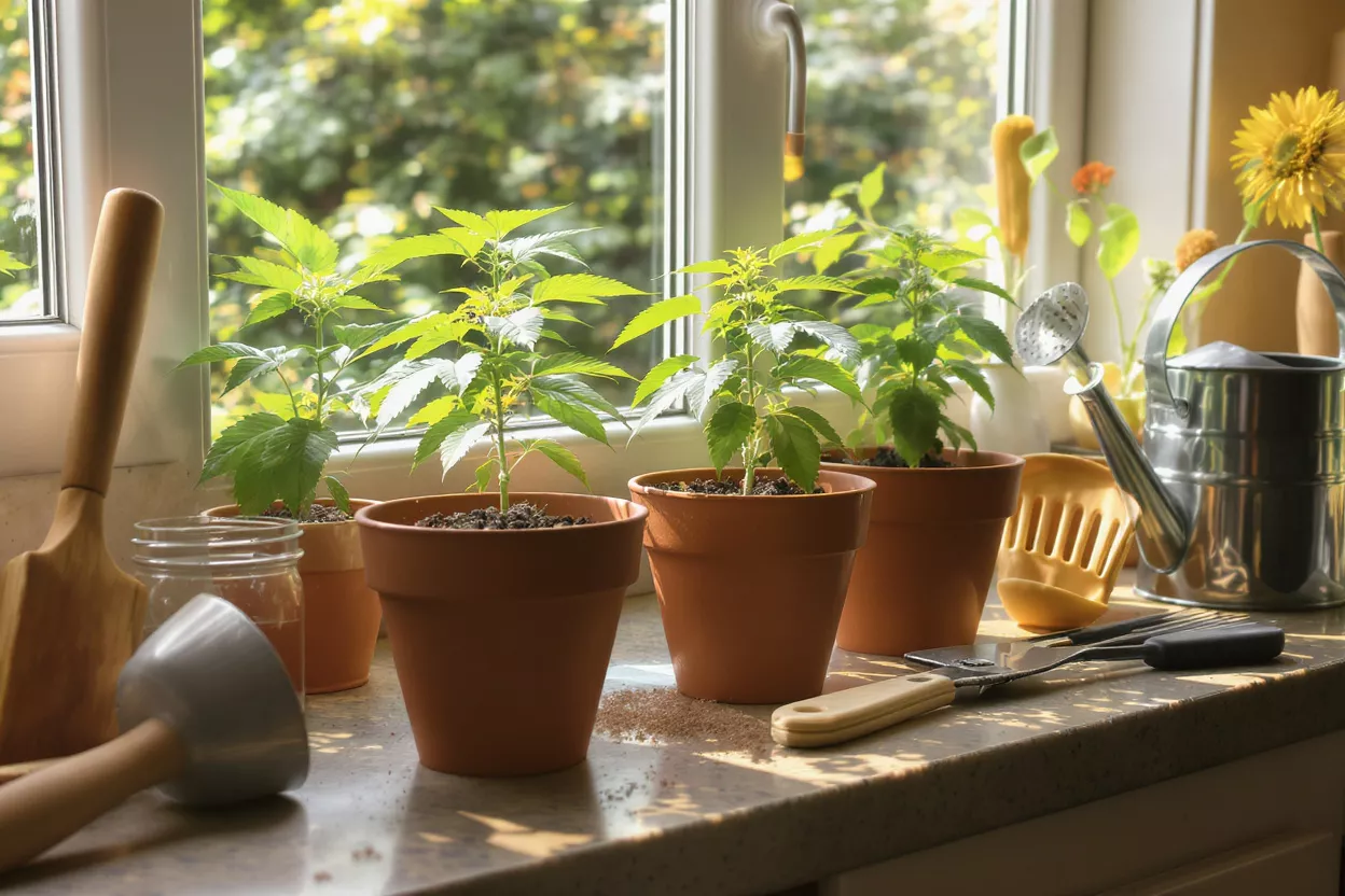 Plantes en pot sur rebord de fenêtre Trois plantes vertes vibrantes dans des pots en terre cuite sur un rebord de fenêtre ensoleillé avec des outils de jardinage.