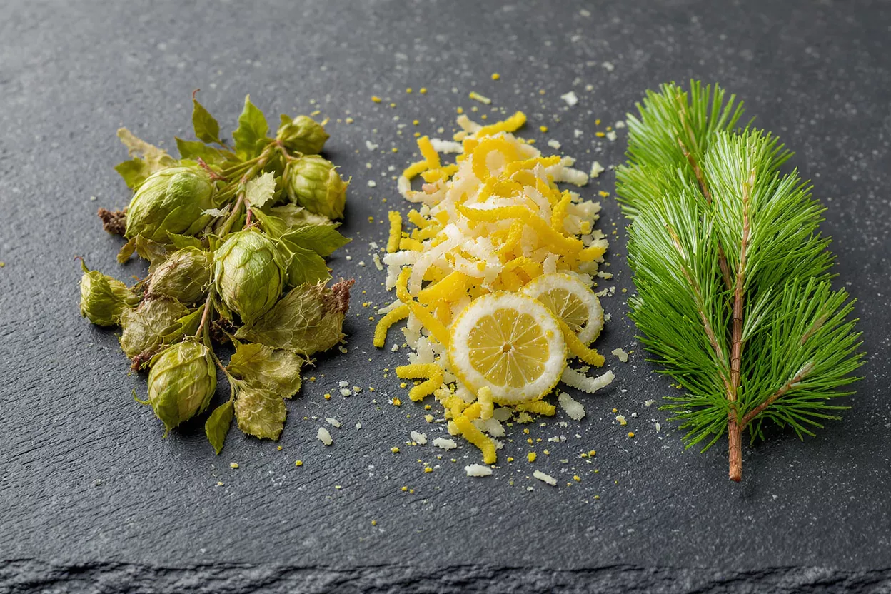 Hops, lemon zest, and pine needles on a dark grey surface.