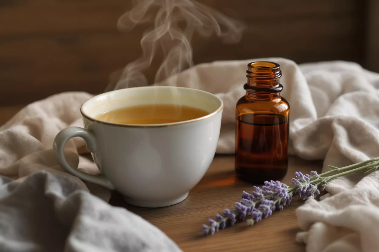 Thé à la lavande relaxant et huile essentielle Tasse de thé fumante, flacon d'huile essentielle ambré et brin de lavande sur du bois.