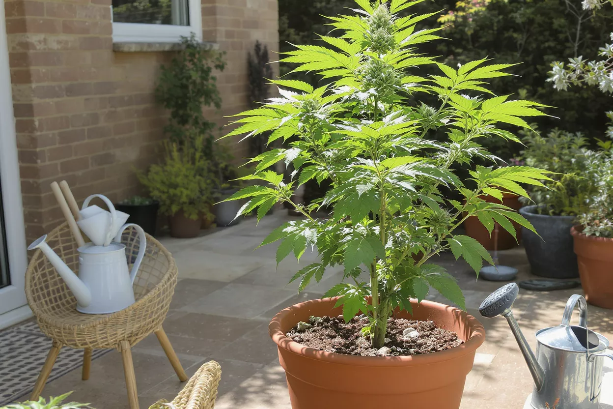 A vibrant cannabis plant in a terracotta pot on a sunny patio.