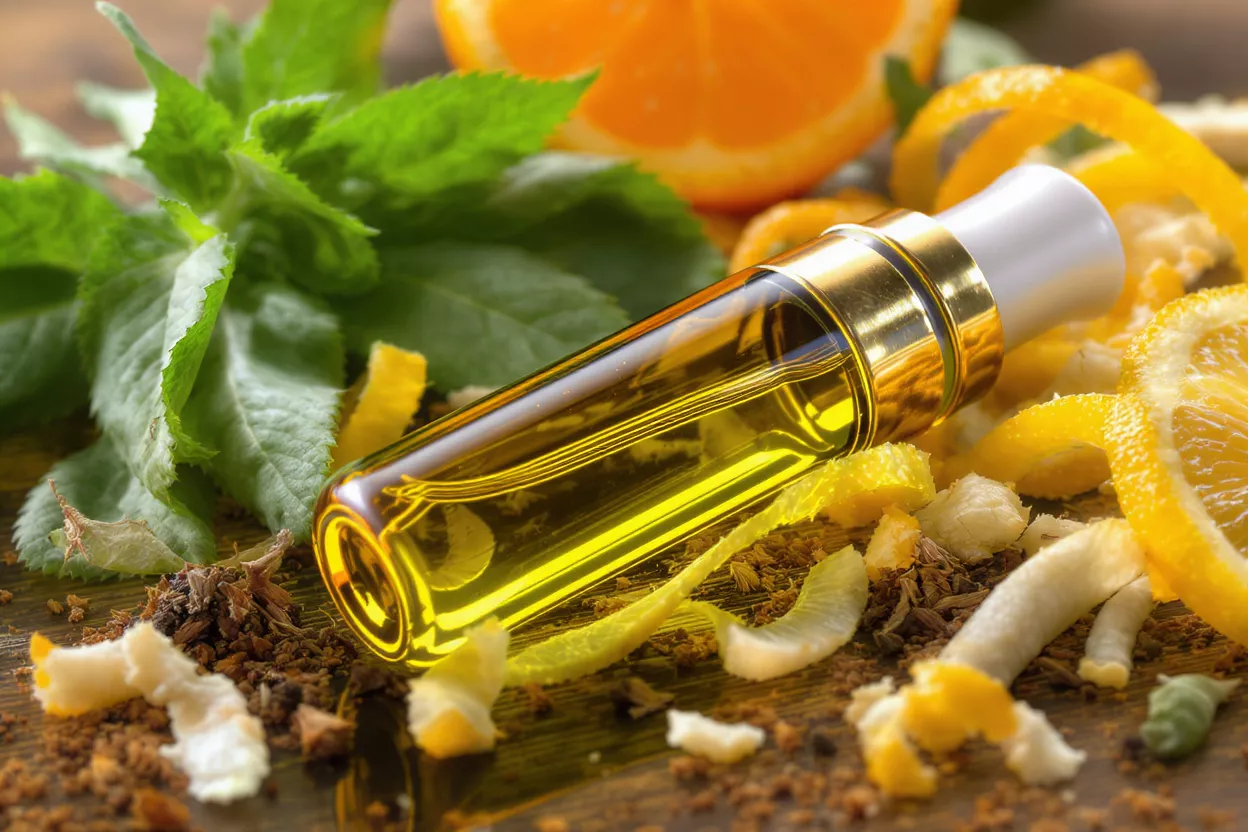 Aceite Esencial Cítricos Menta Pequeña botella de vidrio de aceite esencial amarillo rodeada de naranja, menta y limón.