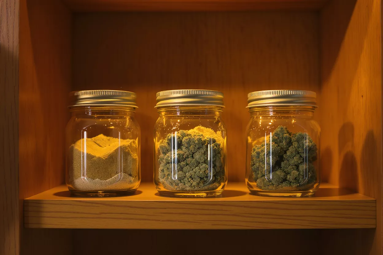 Three glass jars filled with cannabis products on a wooden shelf, illuminated from above.