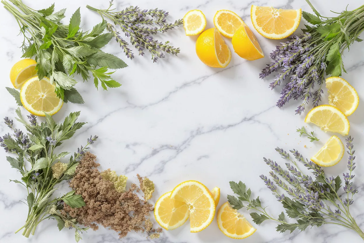 Limones, lavanda y hierbas verdes dispuestos sobre un fondo de mármol blanco.