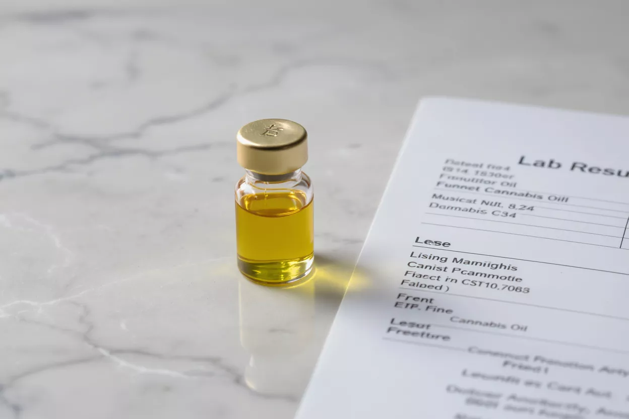 Vial de aceite de cannabis con resultados de laboratorio Pequeño frasco de aceite de cannabis dorado junto a una hoja de resultados de laboratorio sobre mármol.