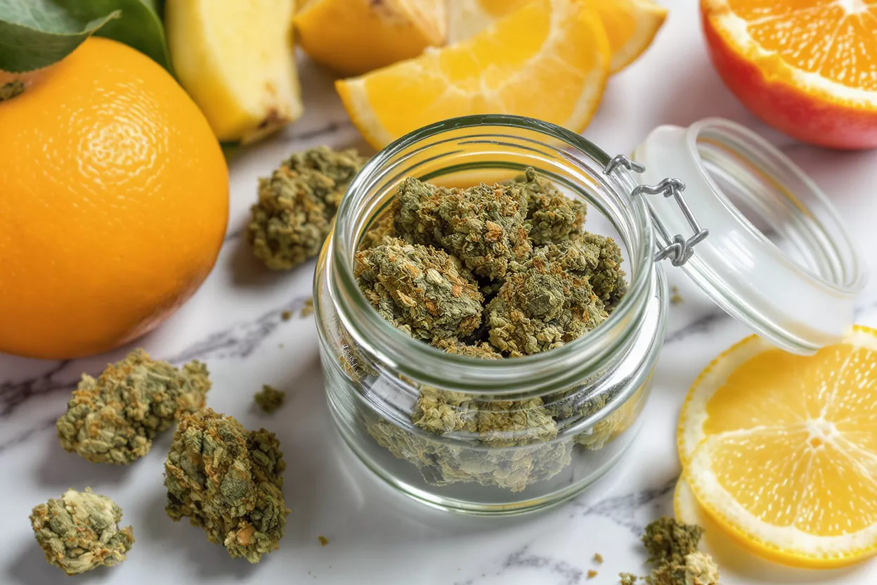 Cannabis buds in a jar with oranges, lemons, and pineapple on a marble surface.