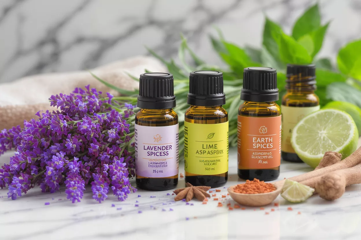Three amber essential oil bottles with lavender, lime, and spice elements.